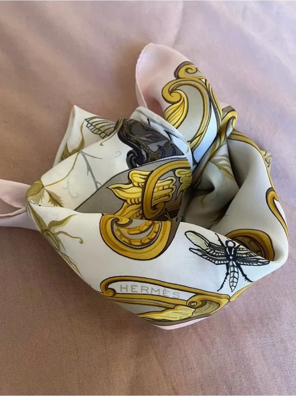 Hermes Silk Scarf in Pale Pink, Gold, White